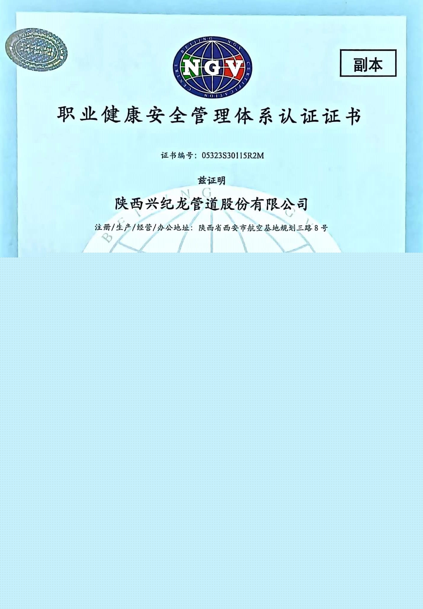 職業(yè)健康安全管理體系認(rèn)證證書
